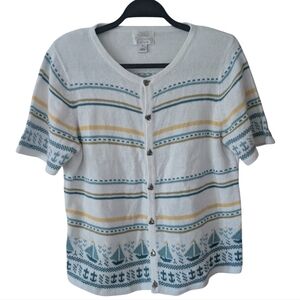 Vintage Y2K Hand Embroidered Sailboat Nautical Short Sleeve Cardigan‎ Size M